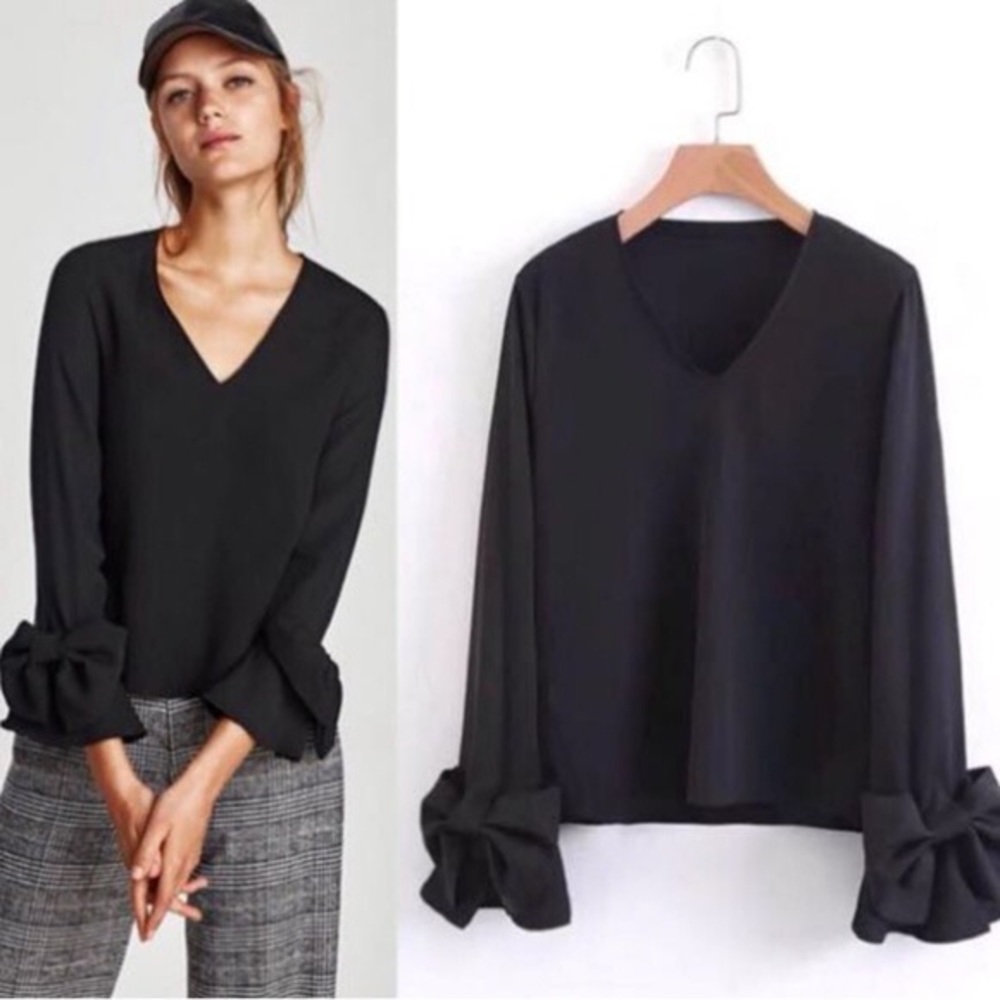 Zara V neck blouse with long sleeves and bow
